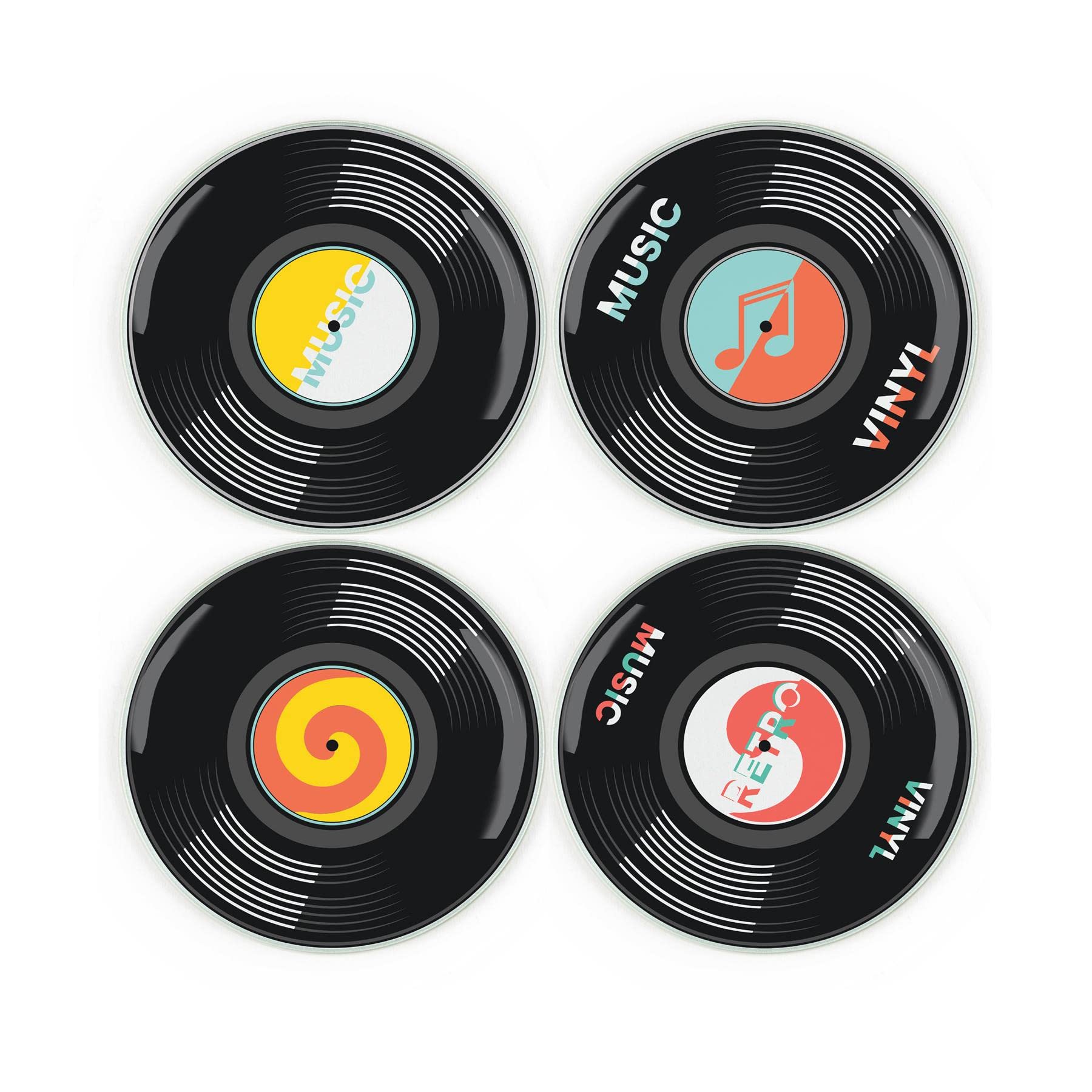 Vinyl Retro Glass Coaster Set - Round Vinyl Music Records - Set of Four (4) Coasters