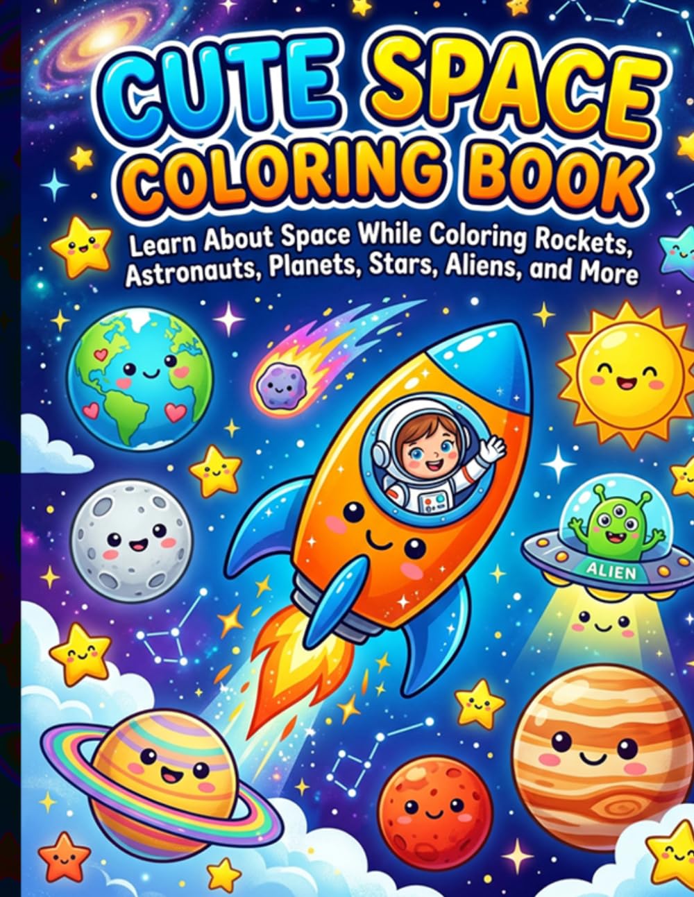 Cute Space Coloring Book for Kids: Learn About Space While Coloring Rockets, Astronauts, Planets, Stars, Aliens, and More