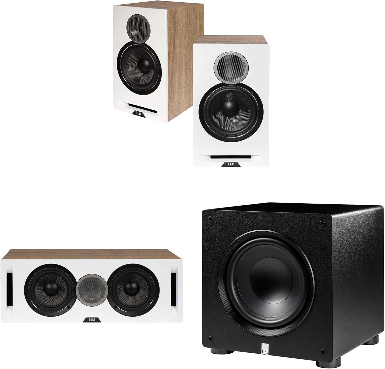 ELAC DBR62-W - Debut Reference 6.5" Bookshelf Speakers - White, Pair, DCR52-W - Debut Reference 5.25" Center Speaker - White PS350-BK - Varro Premium 12" 350 Watt Powered Subwoofer
