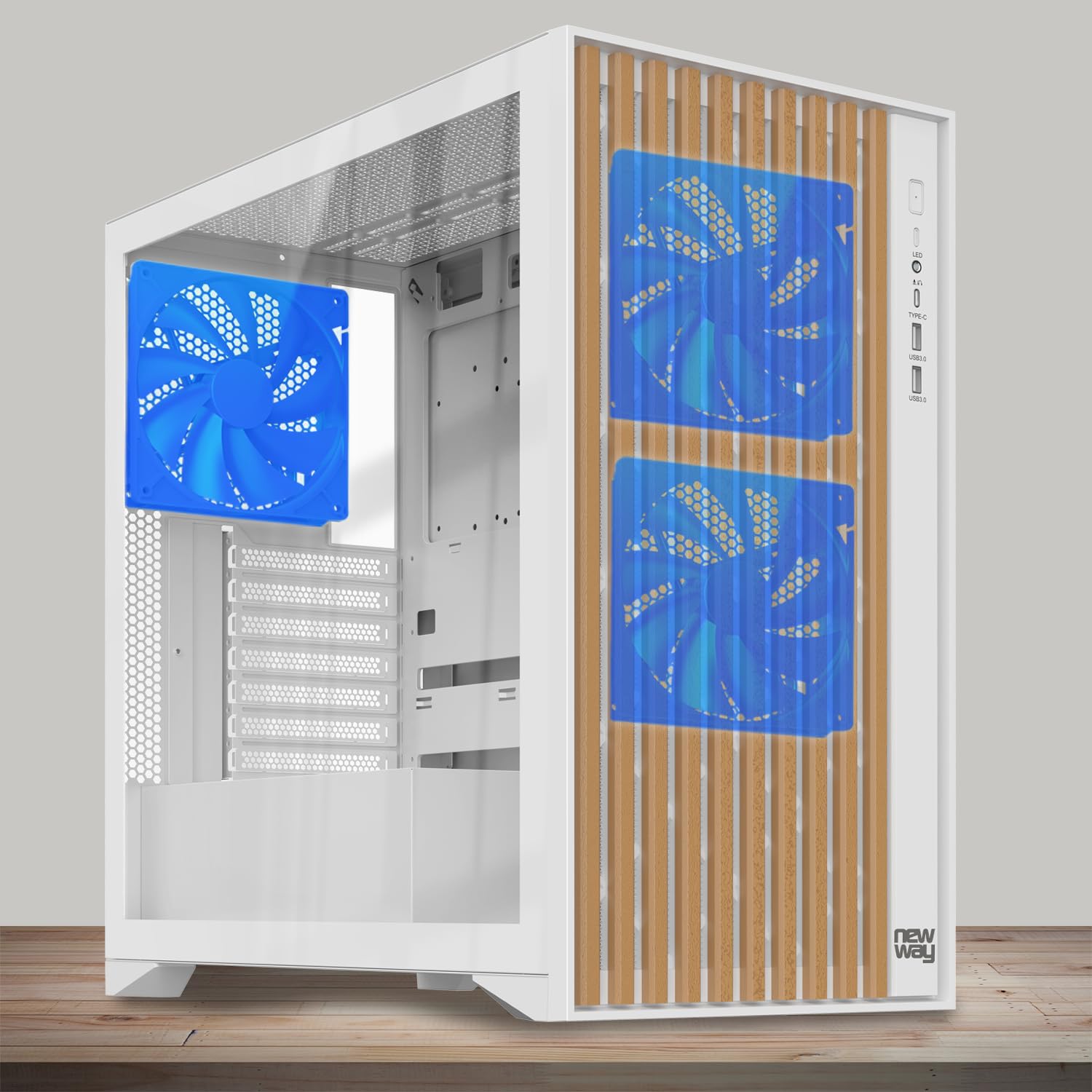 NEWWAY – NW1 – Caja para PC Frontal de Madera – Media Torre Compatible con ATX/Micro-ATX/ITX – Tipo C USB – Ventiladores incluidos 3 x 140 mm PWM – Panel Lateral de Cristal Templado