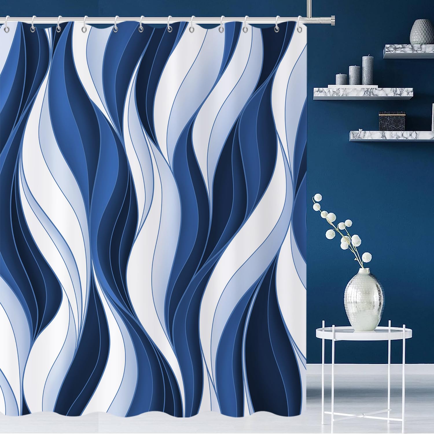 GCIREC Shower Curtain, 165x180cm, Modern Abstract White Blue Ombre Striped Minimalist Art Waterproof Fabric Machine Washable Bathroom Curtain with Hooks