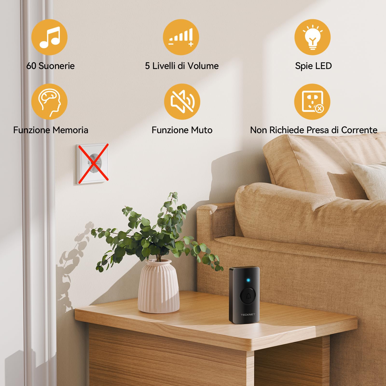 TECKNET Campanello Senza Fili IP65 Impermeabile 400m per Casa | 2 trasmettitori e 1 ricevitore, 60 suonerie, 5 livelli volume, batteria inclusa, Funzione di memoria, LED, per esterno