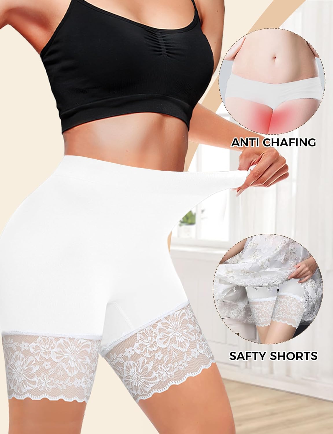 1 Pack Lace Slip Shorts for Women Under Dresses, Seamless Anti Chafing Shorts Summer (1pcs White, XL) - Image 3