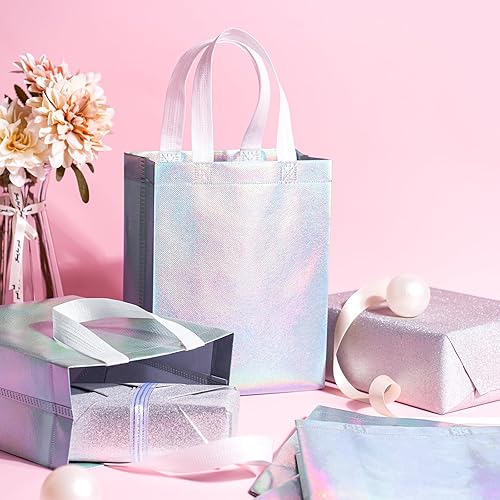 Miniatura 6 de WRAPAHOLIC Paquete de 12 bolsas de regalo reutilizables color plata iridiscente con asas, tamaño mediano de 8 x 4 x 10 pulgadas, perfectas para