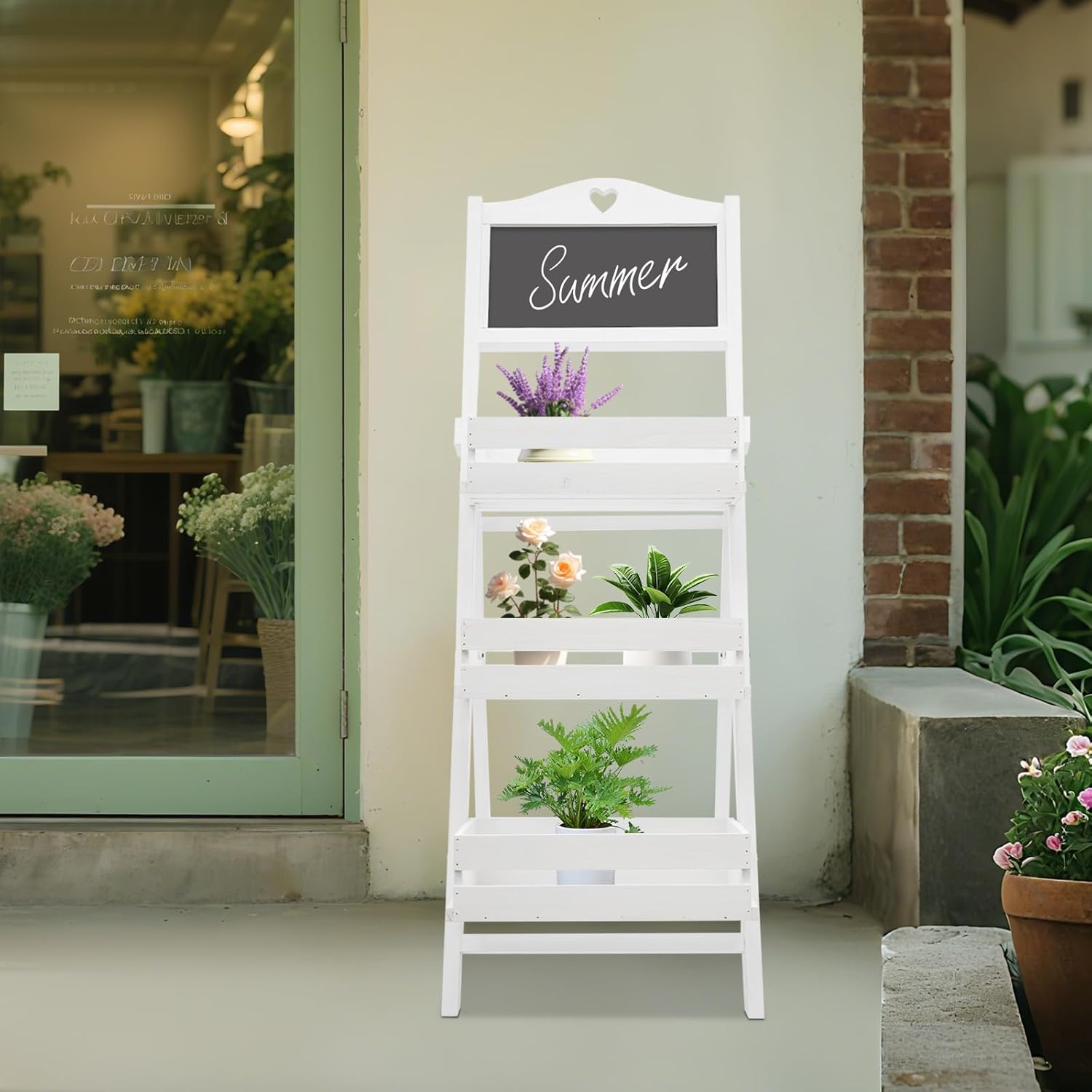 3 Tiers Plant Stand with Chalkboard, Folding Ladder Shelf for Plants Freestanding Wood Plant Rack Blue for Living Room Balcony