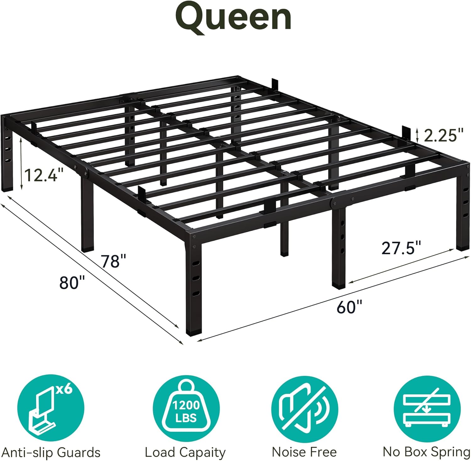 Nelaukoko Queen Bed Frame, 14 Inch Metal Platform Bed Frame Queen Size with Under Storage Space, Mattress Anti-Slip Design, Heavy Duty Sturdy Foundation, No Box Spring Needed, Easy Assembly, Black