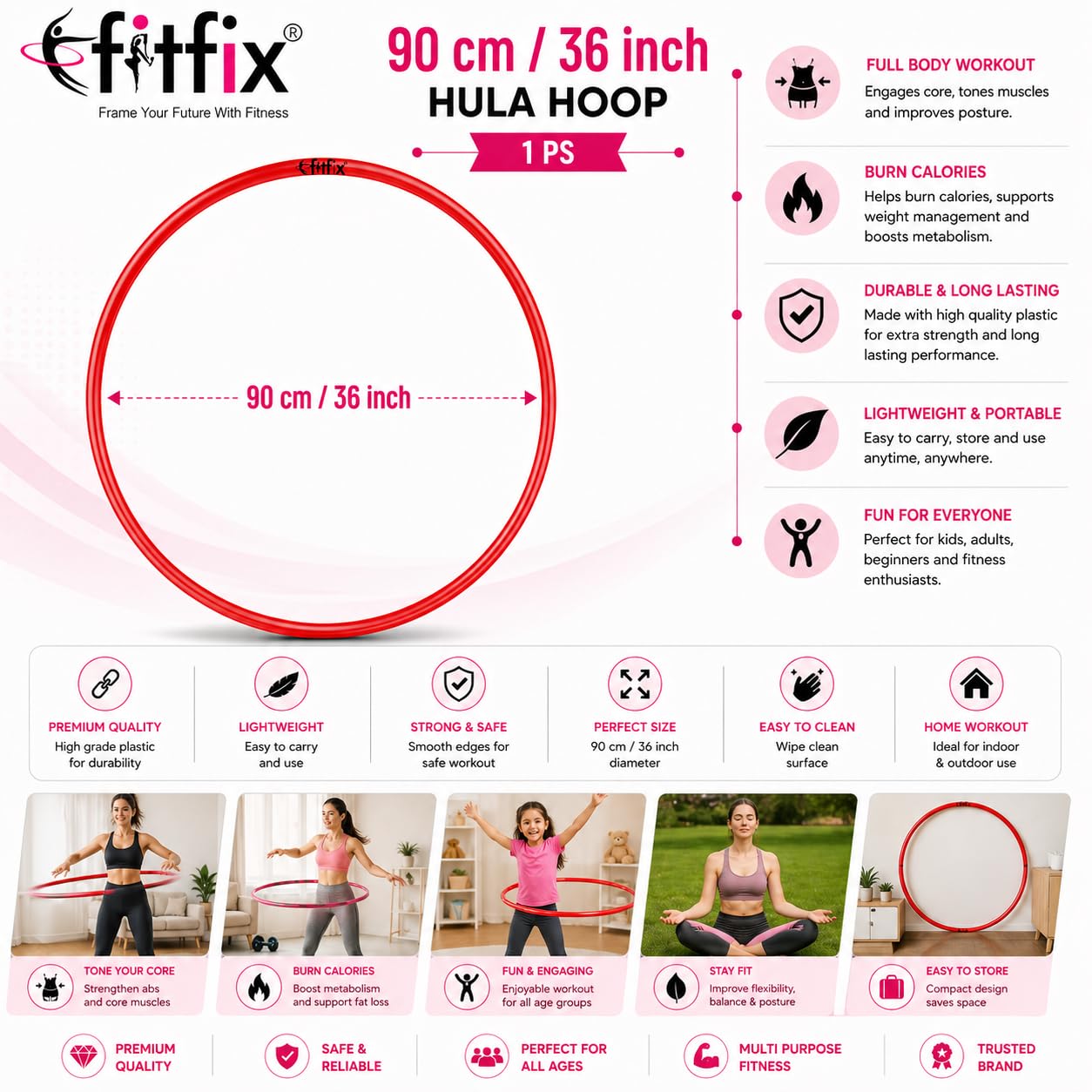 Fitfix® Hulla Hoop Fun & Fitness with Ring for Kids and Adults Exercise - Stay Active with This Premium Toy Hoop Set! Non-Collapsible (Multi Color) 36” (90 cm) Pack of 1 Pcs