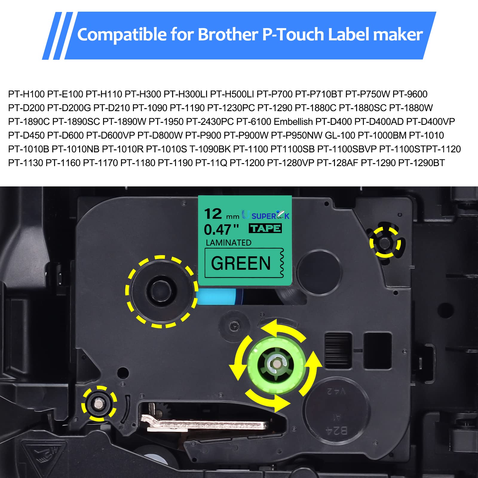 USUPERINK Nastro laminato TZe TZ per etichettatrice Brother P-Touch TZe-731 TZ-731 TZ731 TZ731 nero su verde 12 mm 1/2" 0,47" x 8 m TZe TZ nastro per etichette per PT-H300LI P700 P710BT P750W