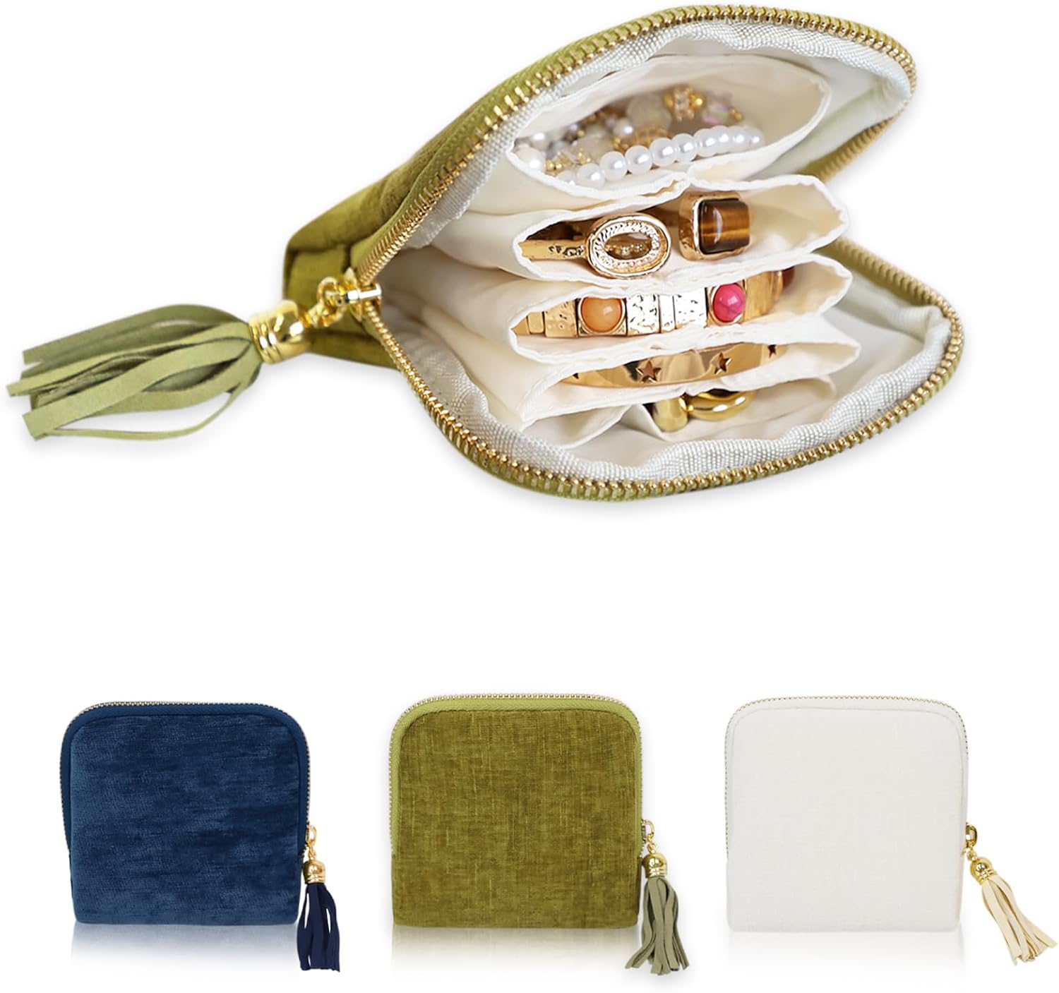 Stratalife Travel Jewelry Case Organizer for Women Valentine's Day Gift Portable Velvet Pouches for Travel Essentials Jewelry Crystal Bracelets Necklace Storage, Ring Holder Green Tassel