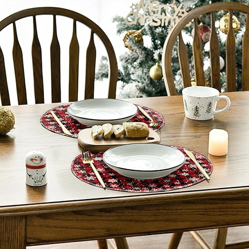 Miniatura 4 de Artoid Mode Juego de 6 manteles individuales redondos de Navidad con diseño de copos de nieve de búfalo rojo y negro, manteles individuales redondos