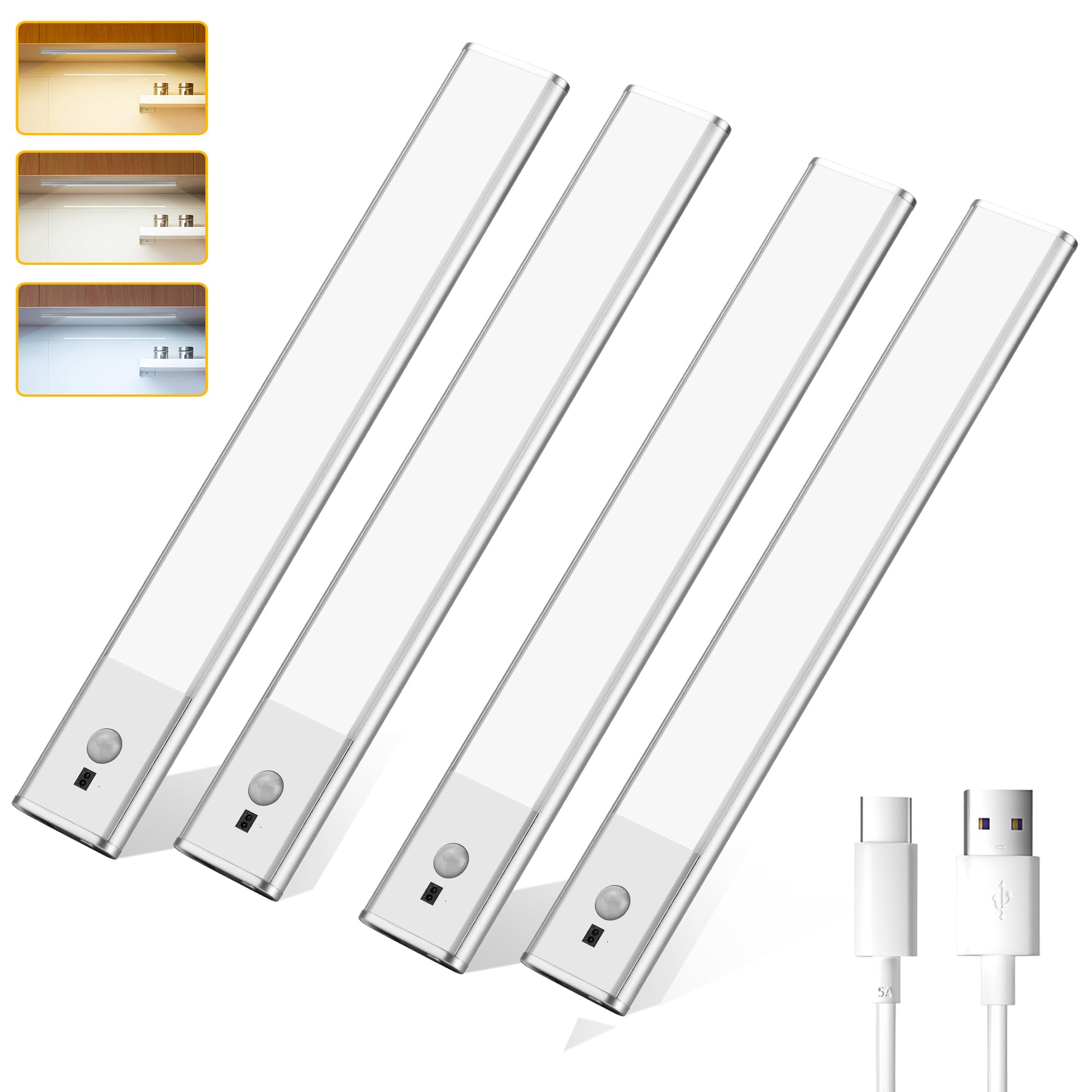 BOLEISE Under Cabinet Lights - Closet Light 1500mAh Premium 80 LED, Rechargeable 3 Color Temperatures,Wireless and Motion Sensor Lighting for Wardrobe, Cupboard, Kitchen, Stairs (4pcs of Pack)