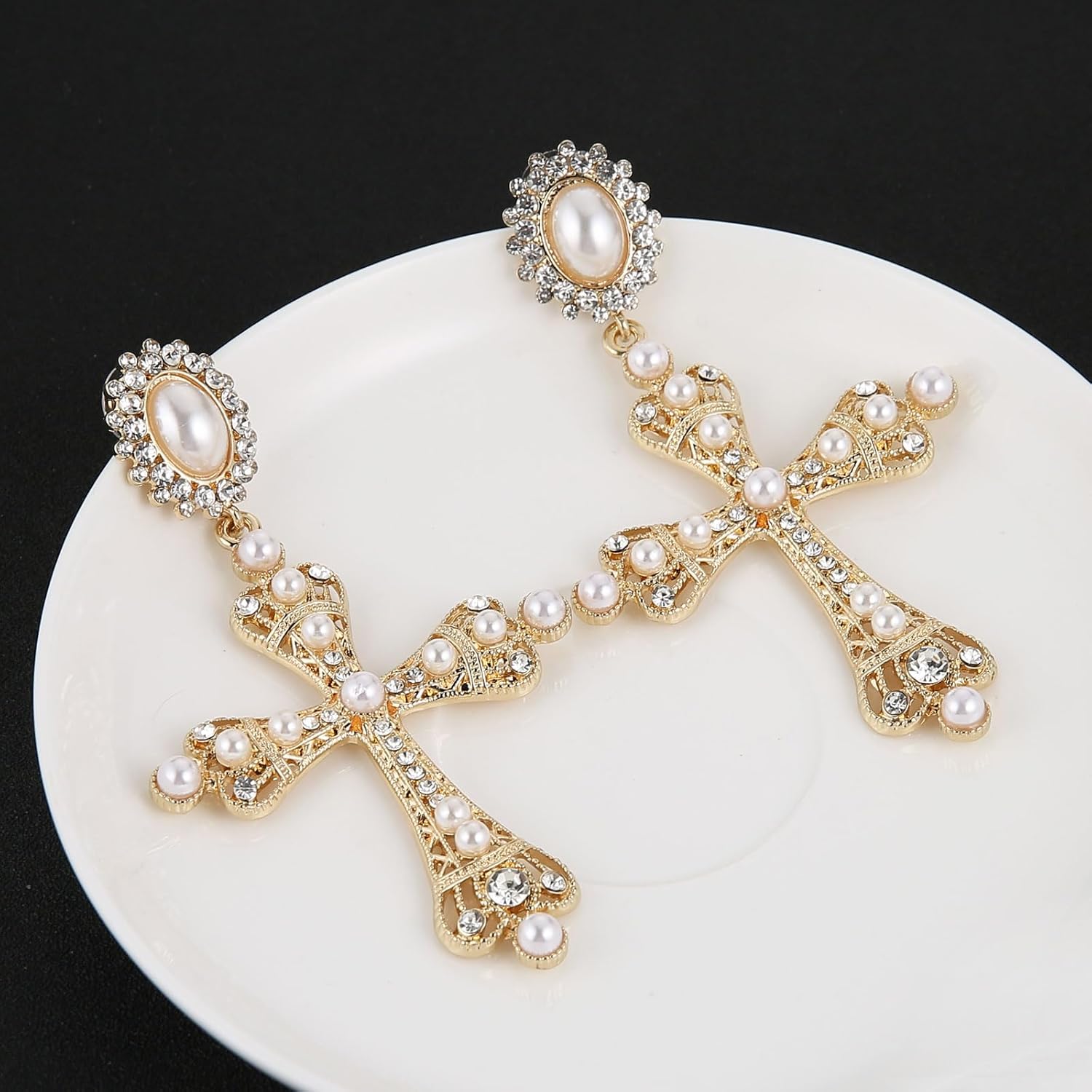 HZMAN Sparkling Large Gold-plated Cross Pendant Earrings, Retro Byzantine Baroque Style Pearl Earrings, Ball Jewelry - Image 5