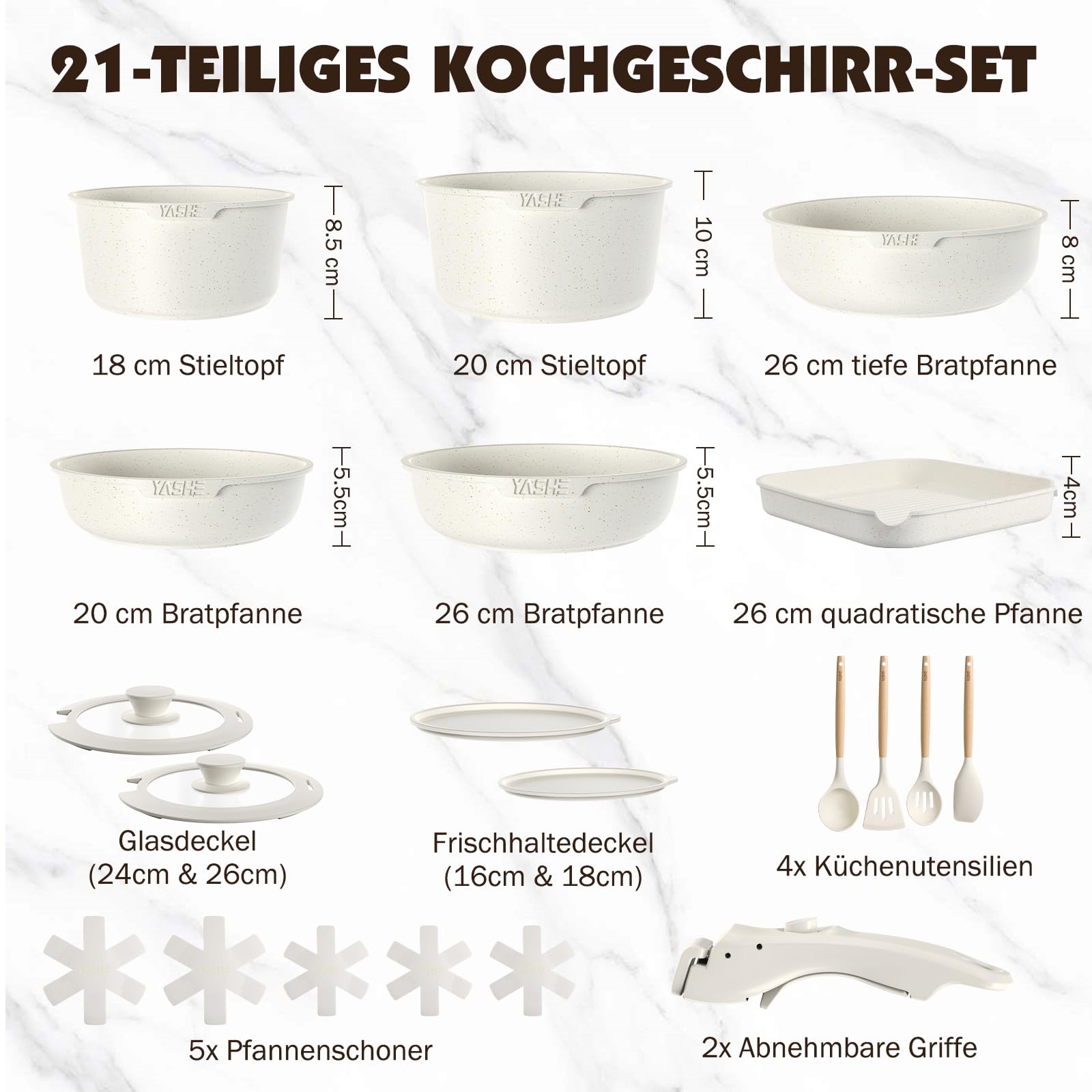 YASHE 21-teiliges Topf- und Pfannen-Set, antihaftbeschichtet, mit abnehmbaren Griffen und Glasdeckel, induktionsgeeignet, ofenfest, stapelbar, Weiß