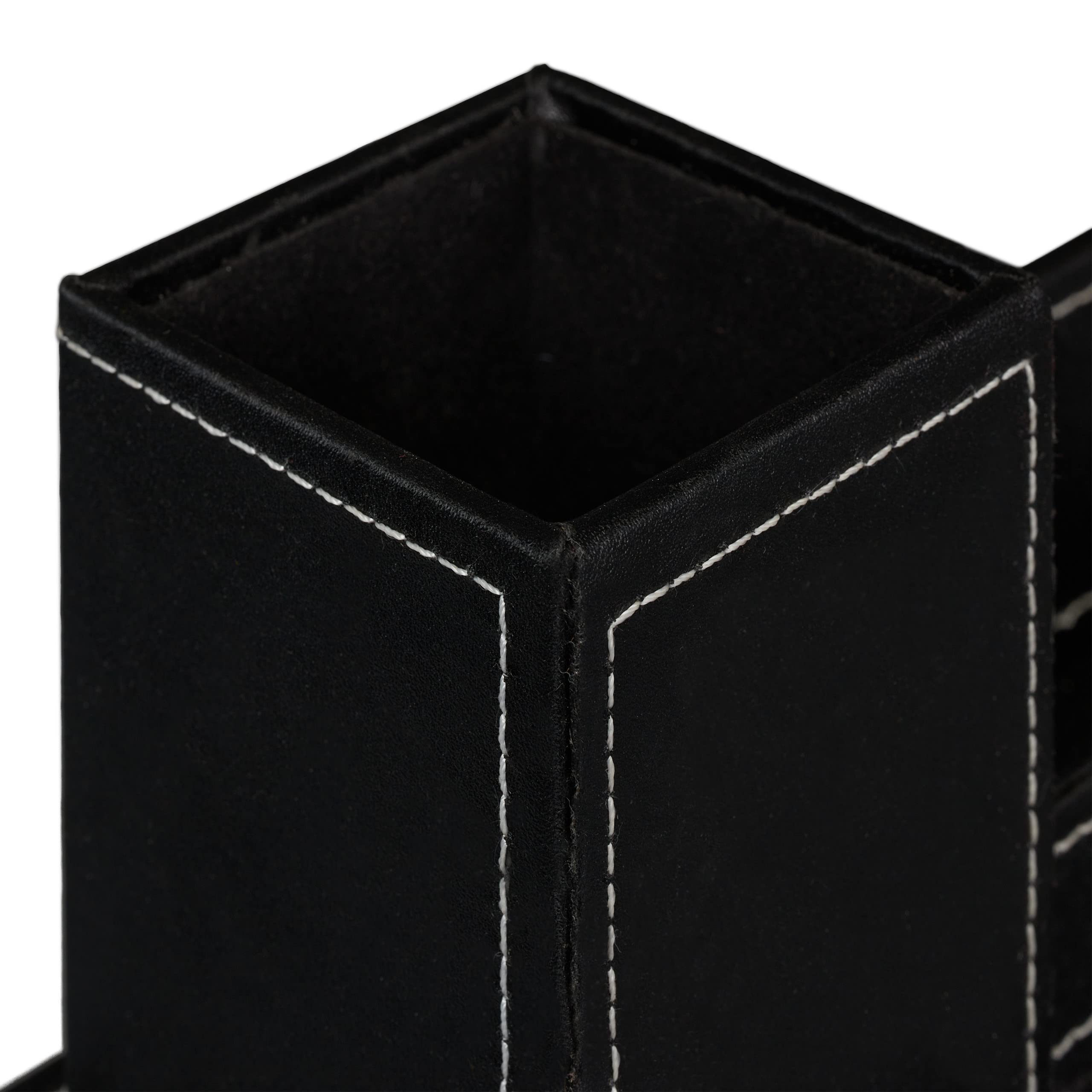 Relaxdays Porta Biglietti da Visita da Scrivania Organizer Ufficio, Portapenne in Similpelle, HLP: 10,5x20x10 cm, Nero