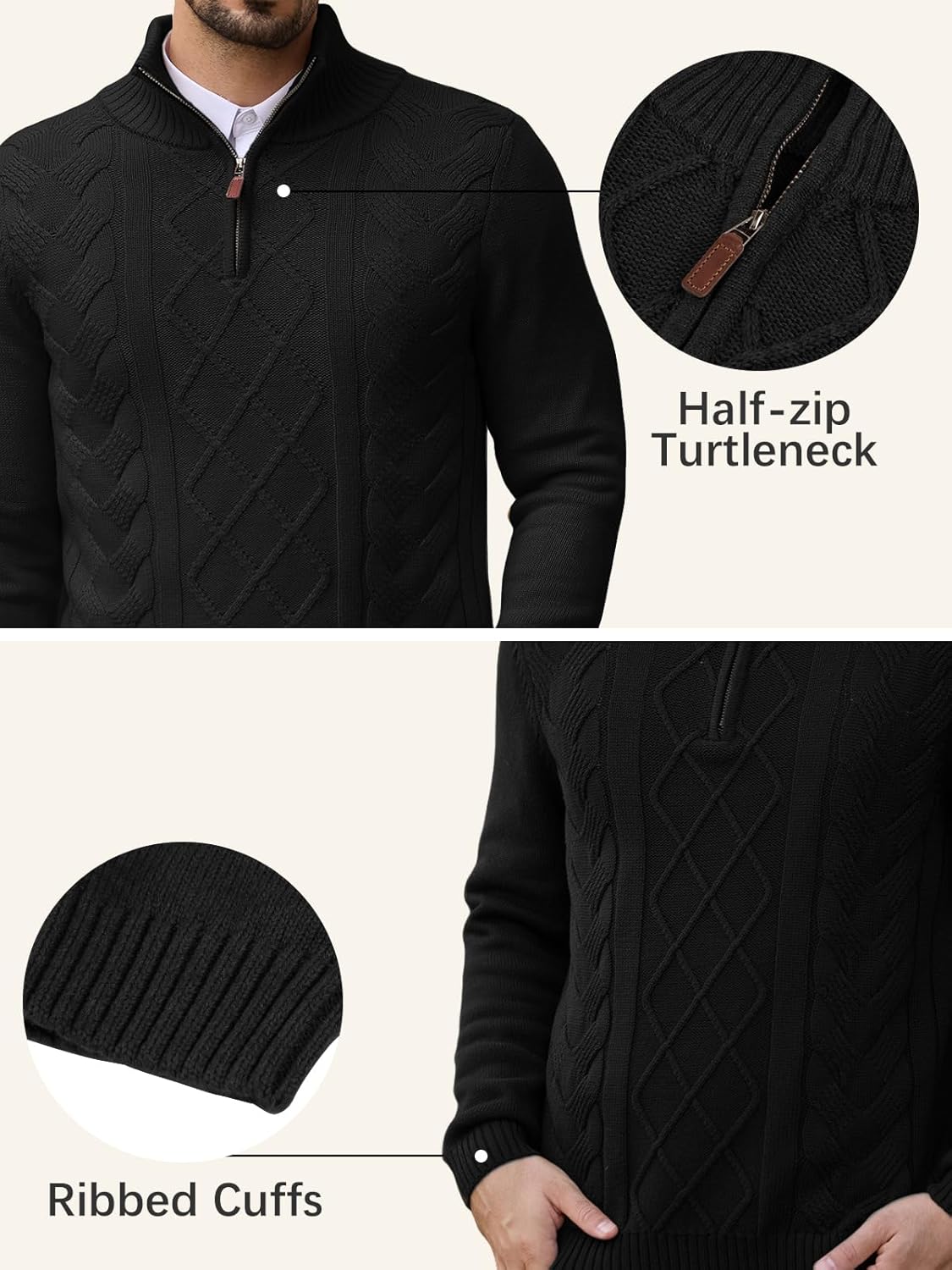 Les umes Mens Quarter Zip Sweater Cotton Mock Neck Pullover Sweaters Warm Long Sleeve Cable Knitted Jumper