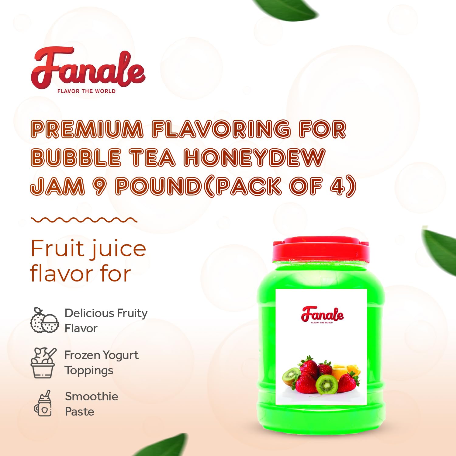 Fanale Premium Flavoring Jam for Bubble Tea | Honeydew Flavor Fruit Jam | for Boba Tea, Smoothie Paste, Slushes, Desserts | 9 pound(Pack of 4) | JAM005-CS
