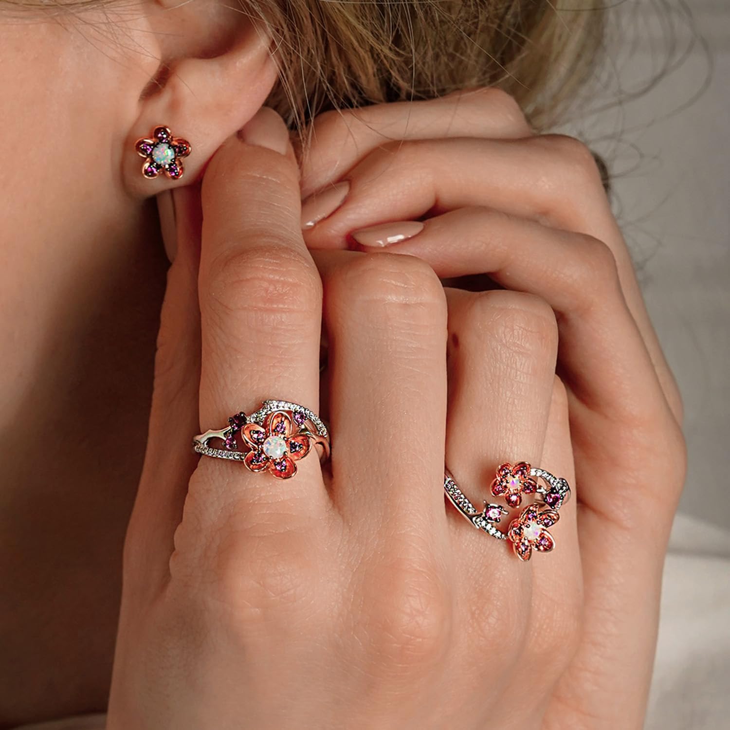 Jewelili Enchanted Disney Fine Jewelry Mulan Stud Earrings for Women | 14K Rose Gold over Sterling Silver | Opal | Push Back | Princess Inspired Jewelry Gifts for Her