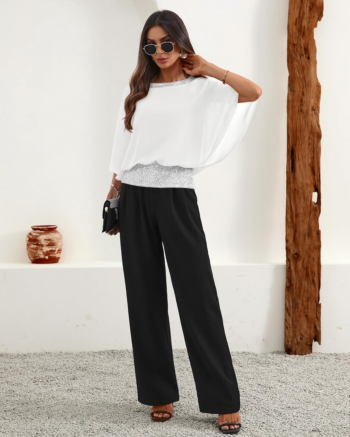 For G and PL Women's Dressy Sequin Formal Top 3/4 Dolman Sleeve Chiffon Shirt Blouses - Image 4