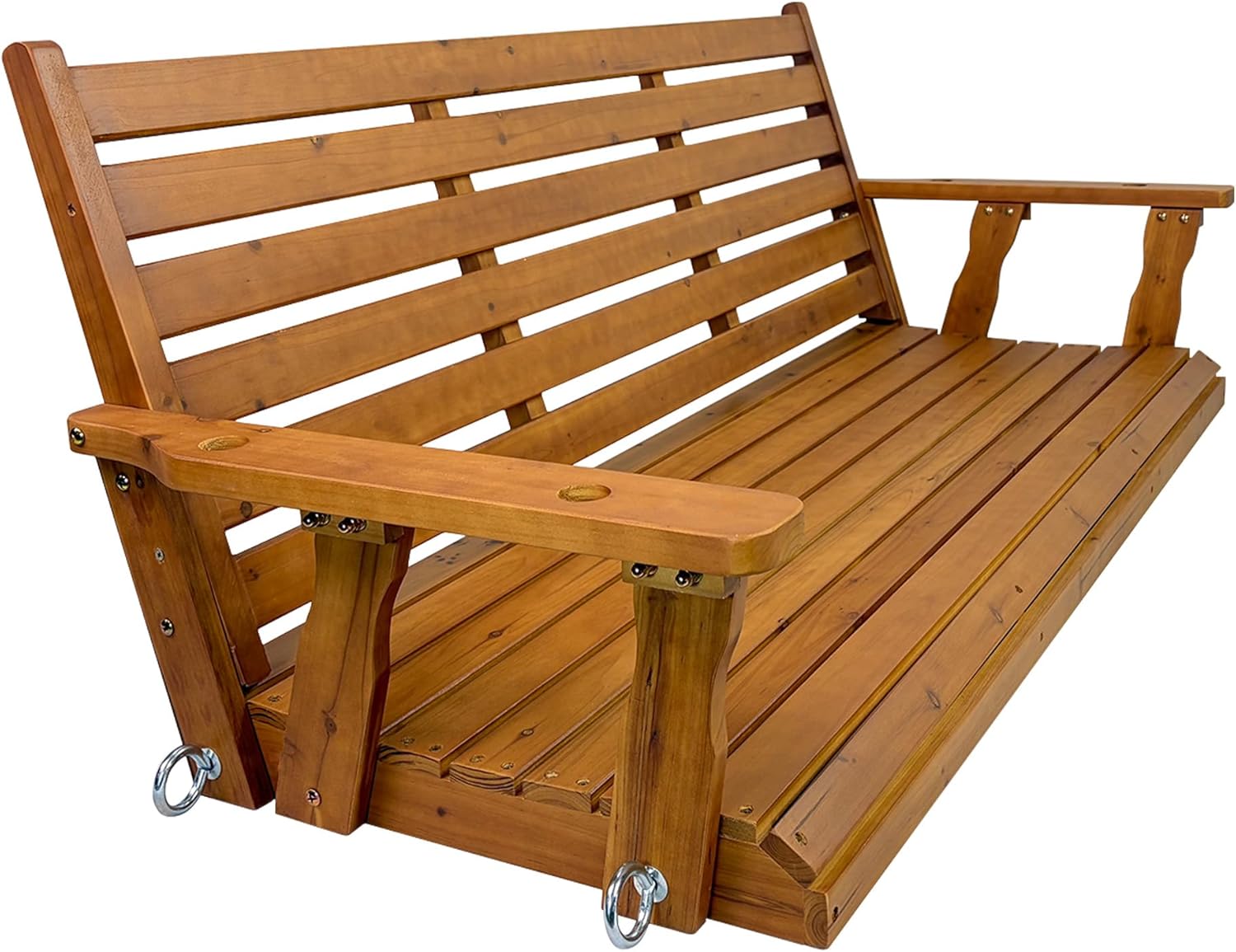 Wooden Porch Swing, Ergonomic Seat, Bench Swing with Hanging Chains and 7mm Springs, Heavy Duty 800 LBS, for Outdoor Patio Garden Yard (Brown, 3-Seater Extra Large)