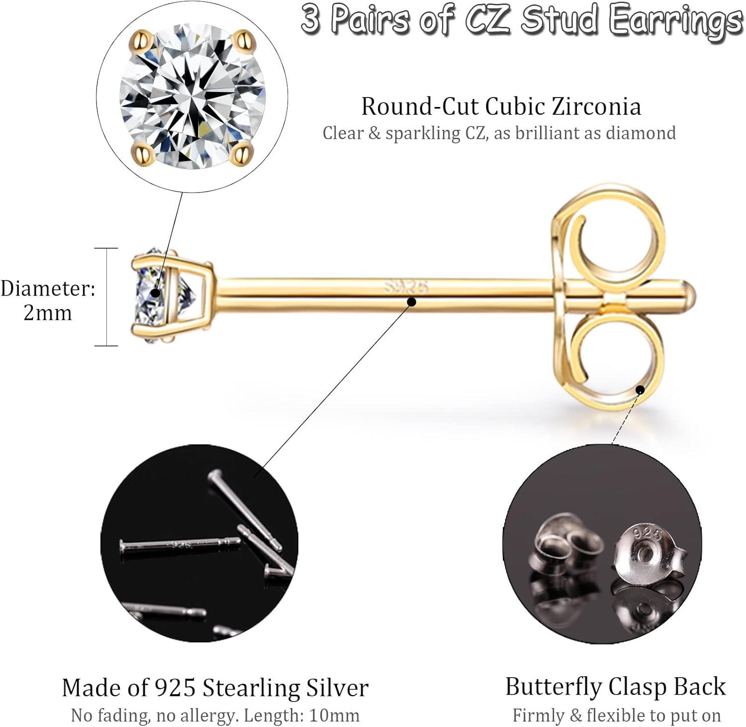 EPIRORA Sterling Silver Stud Earrings for Women- 3 Pairs of 2mm Tiny Ball Stud Earrings Round CZ Cubic Zirconia Earrings Pearl Earrings Set Cartilage Small Tragus Earrings Nose Lip Rings - Image 4