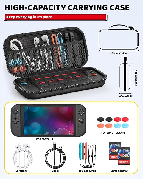 Carry Case Compatible with Nintendo Switch 2, Portable Hard Shell with Soft Lining, 10 Card Slots, Viewing Stand, Soft Silicone Handle for Switch 2 Black - 1