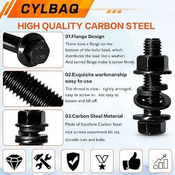 Flange Nut and Bolt Set M6 M8 M10, 248PCS Flanged Hex Bolts With Flat & Lock Washers, Carbon Steel Hexagon Head Nut and Bolt Sets, Black Metric Assorted Machine Screws