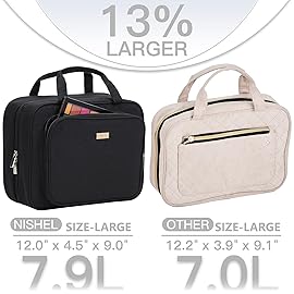 NISHEL Travel Toiletry Bag for Women, Makeup Essentials Organizer, Hanging Case for Accessories, Cosmetics, Large Size, Black
