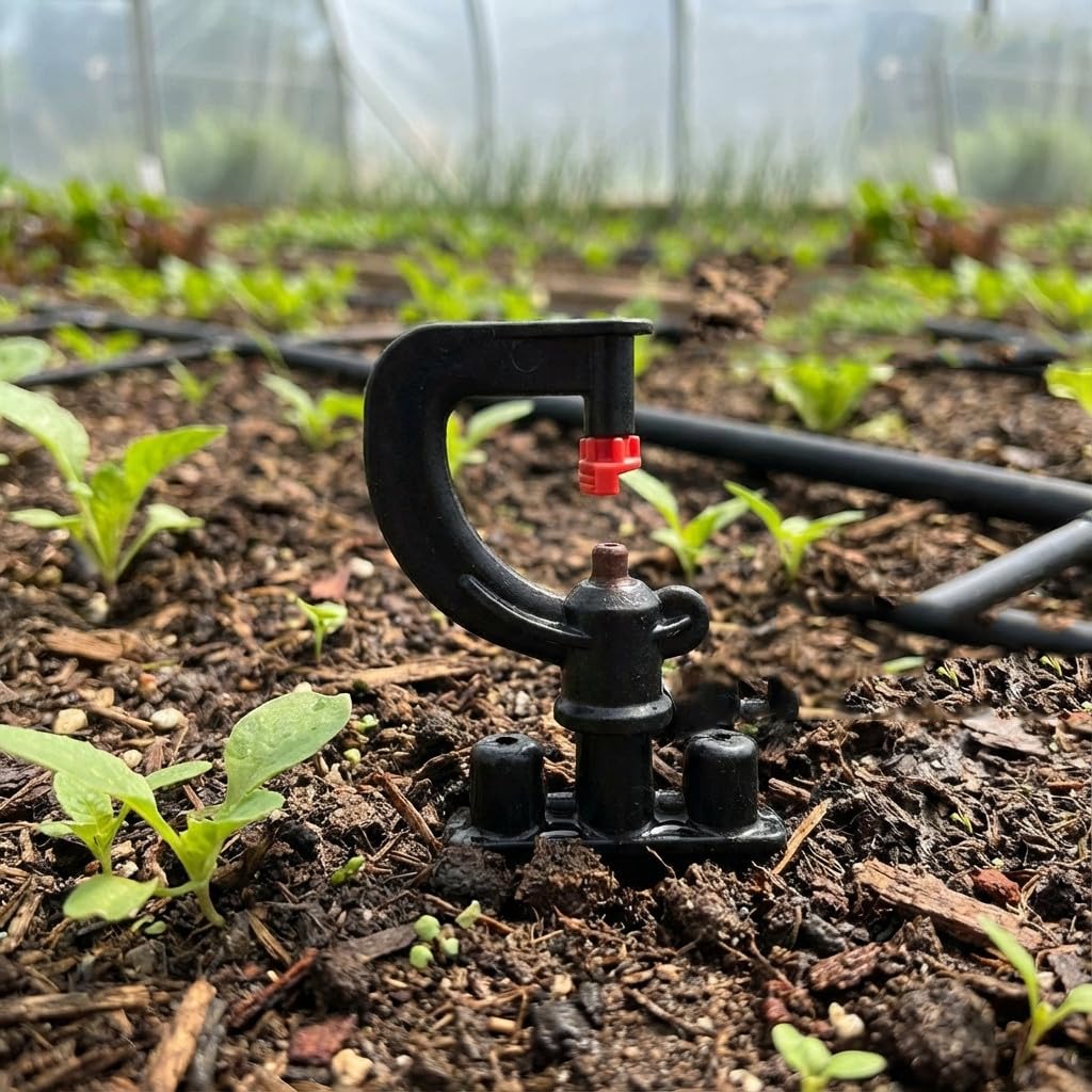 Suinga. Lot 50 arroseur 180º montés avec microtube et Prise avec Piquet 40 cm pour arrosage agricole et Jardinage. Microasperseur 180º avec débit 73 à 125 l/h et portée 1,7 mètres