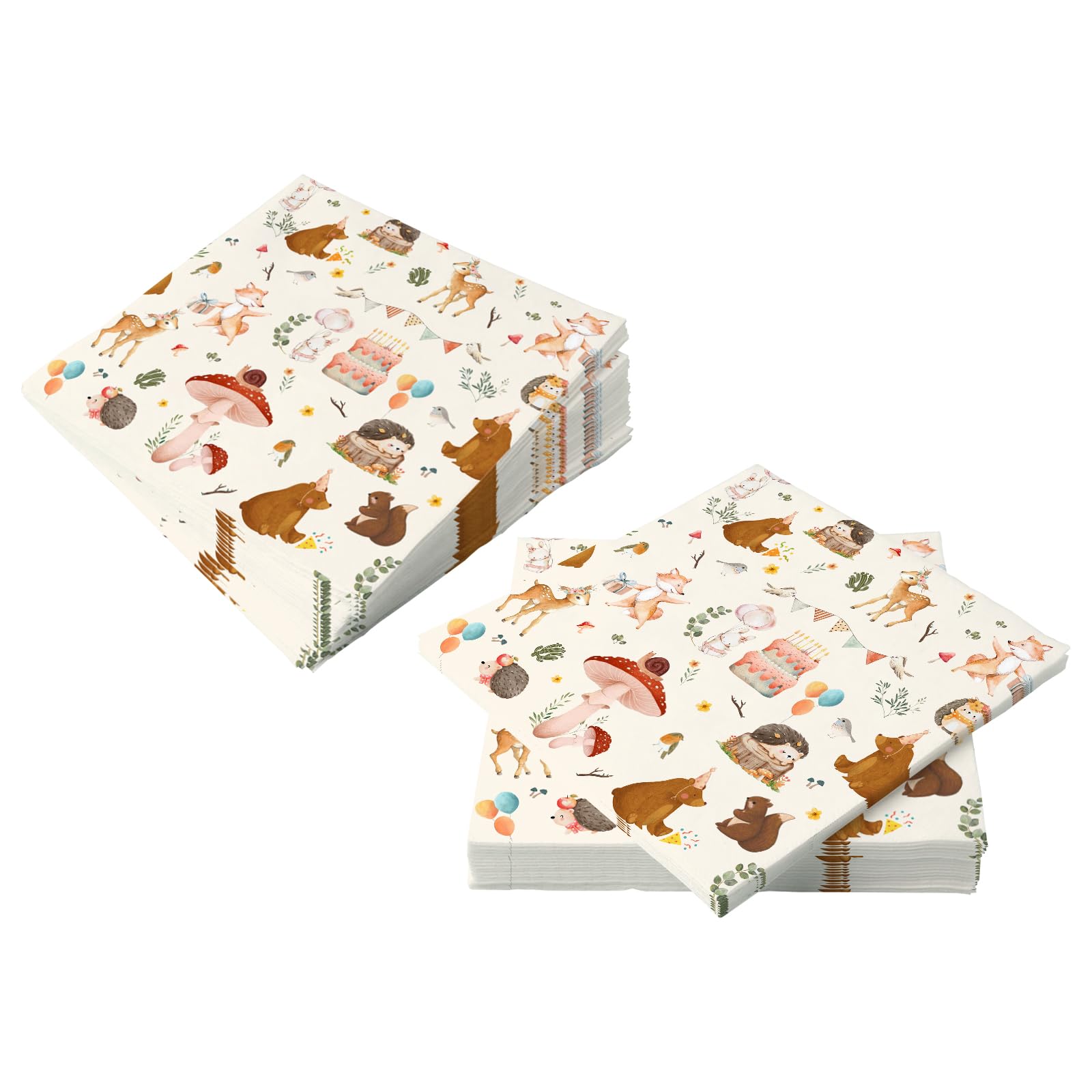 CHUNLINLAODA 40pcs Forest Animal Paper Napkins, Mushroom Party Paper Napkins, Disposable Cocktail Serviettes, Animal Papers Napkin for Parties & Themed Events, 33 * 33cm (Beige)
