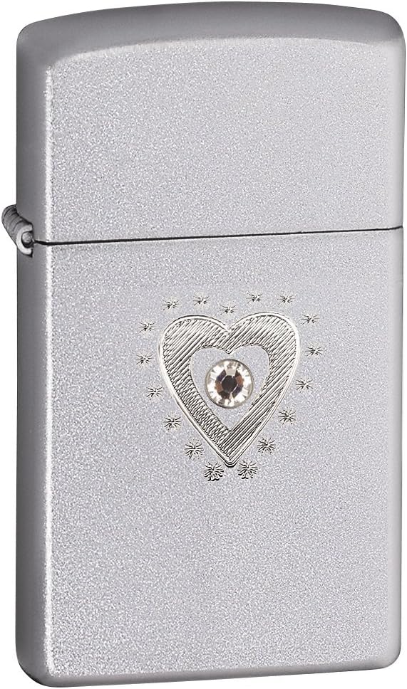 Zippo Slim Satin Chrome TR Heart Bling Lighter (Silver, 5 1/2x3 1/2-Cm)