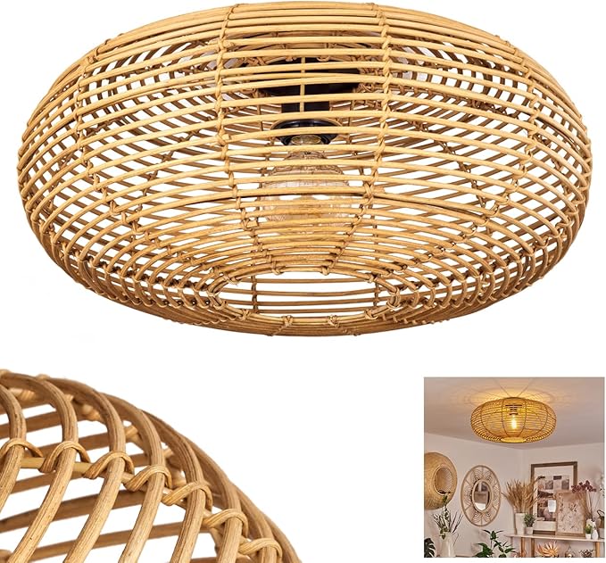 hofstein Plafondlamp Mulstrand, ronde plafondlamp van bamboe/metaal in naturel/zwart, lamp in boho-design met geweldig lichteffect door rasteroptiek, 1-lamp, 1 x E27, Ø 50 cm, exclusief gloeilamp