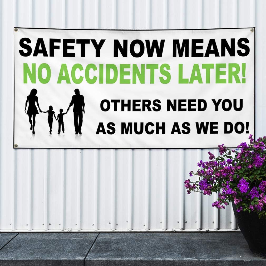 Vinyl Banner Sign Safety Now Means NoAccidents White Outdoor Marketing Advertising White - 12inx30in, 4 Grommets, Set of 3