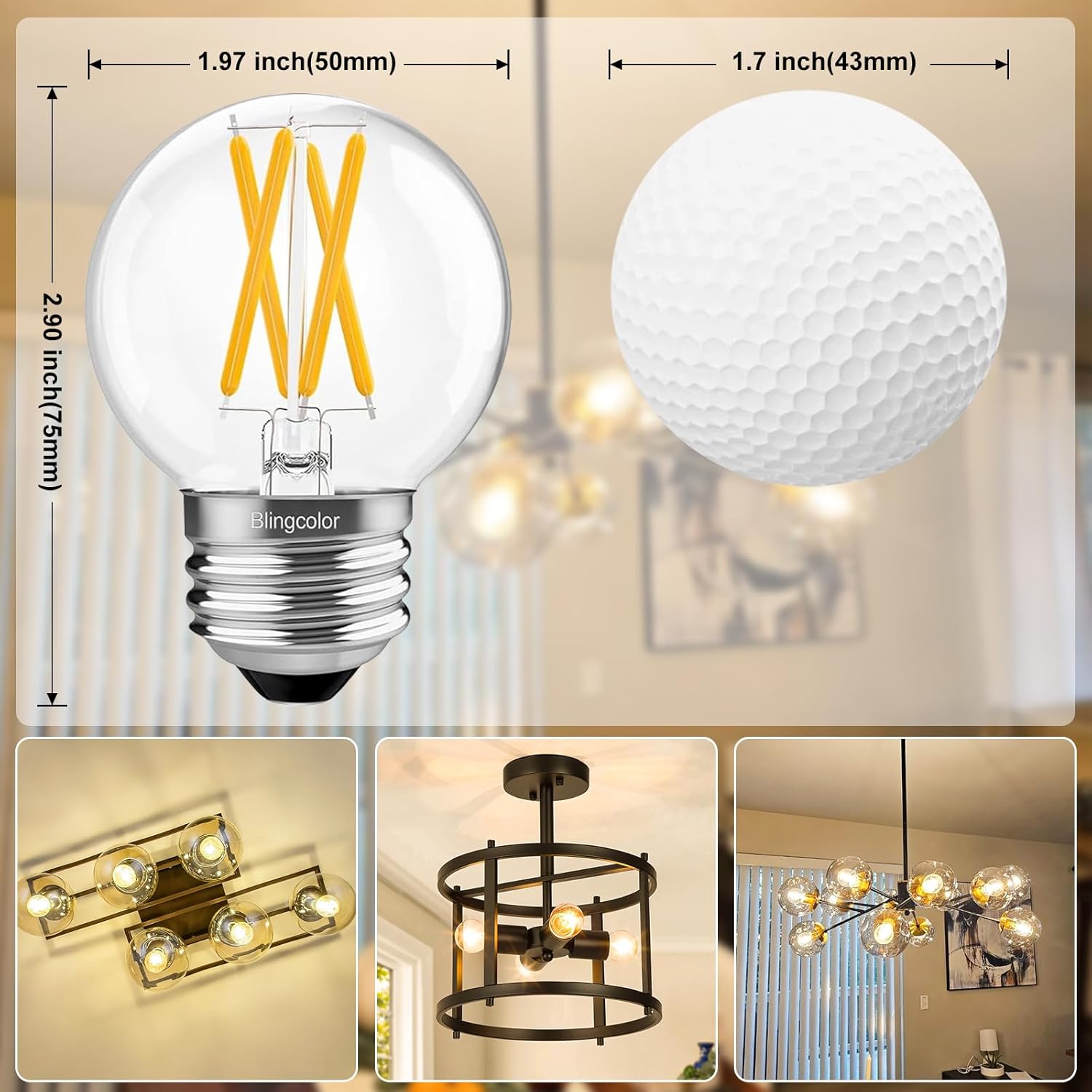 6 Pack Dimmable G16.5 LED Light Bulbs 60 Watt, E26 LED Bulbs 60 Watt Soft White 3000K, 6W E26 Globe LED Edison Small Light Bulb for Sputnik Chandelier, Vanity Lights, CRI80+, AC120V, 600lm - Image 3