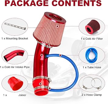 Pindex Cold Air Intake Induction Kit 3in for Automobile Racing Engine, Red | 76 mm Cold Air Filter Kit with Alumimum Pipe