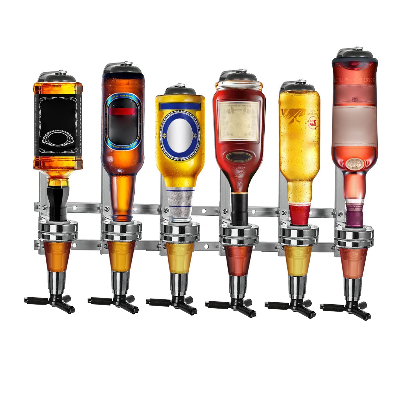 Youyijia 6 Schnapsspender Flaschenhalter Wandmontiert, 6 x 30 ml Bar Butler Getränkehalter für Spirituosen, Aluminiumlegierung, optisches Spirituosen-Barzubehör-Set für die Hausbar, Küche oder Bar