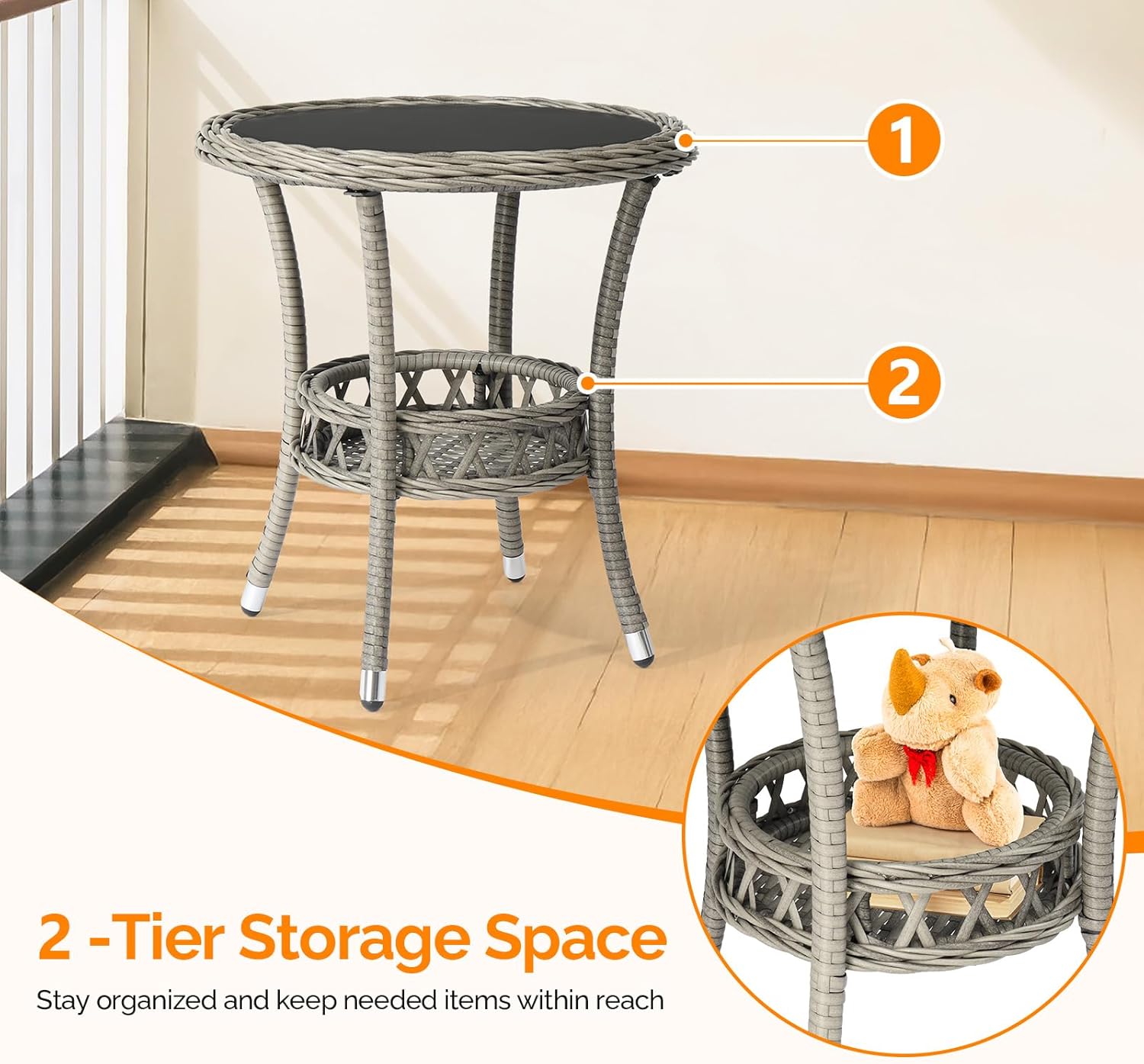 VINGLI Outdoor Wicker Side Table, Patio Side Tables for Outside Tempered Glass Top Wicker Table with Storage End Table for Balcony Porch Deck (Grey)