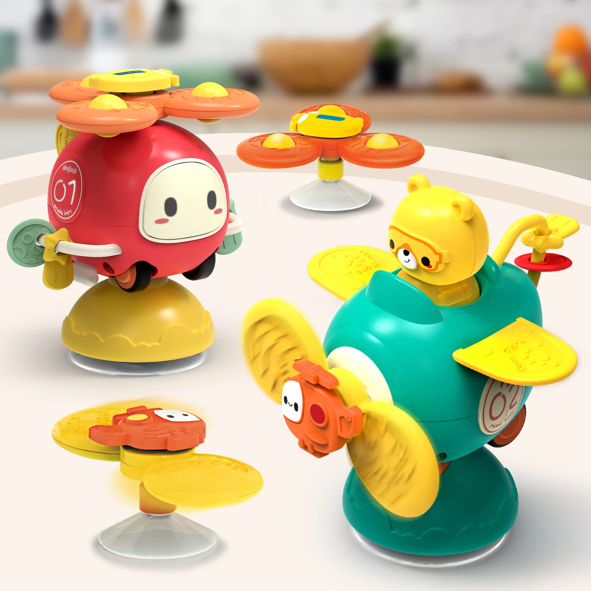 Dowellin 3-in-1 Spinner Toys High Chair Toy Table Toys for Kids, Car Toys and Helicopter Push Pull Toys Sucker Suction Toys for Child, Spinner Bath Toys for Baby Toddlers Infant 1 2 3 Years