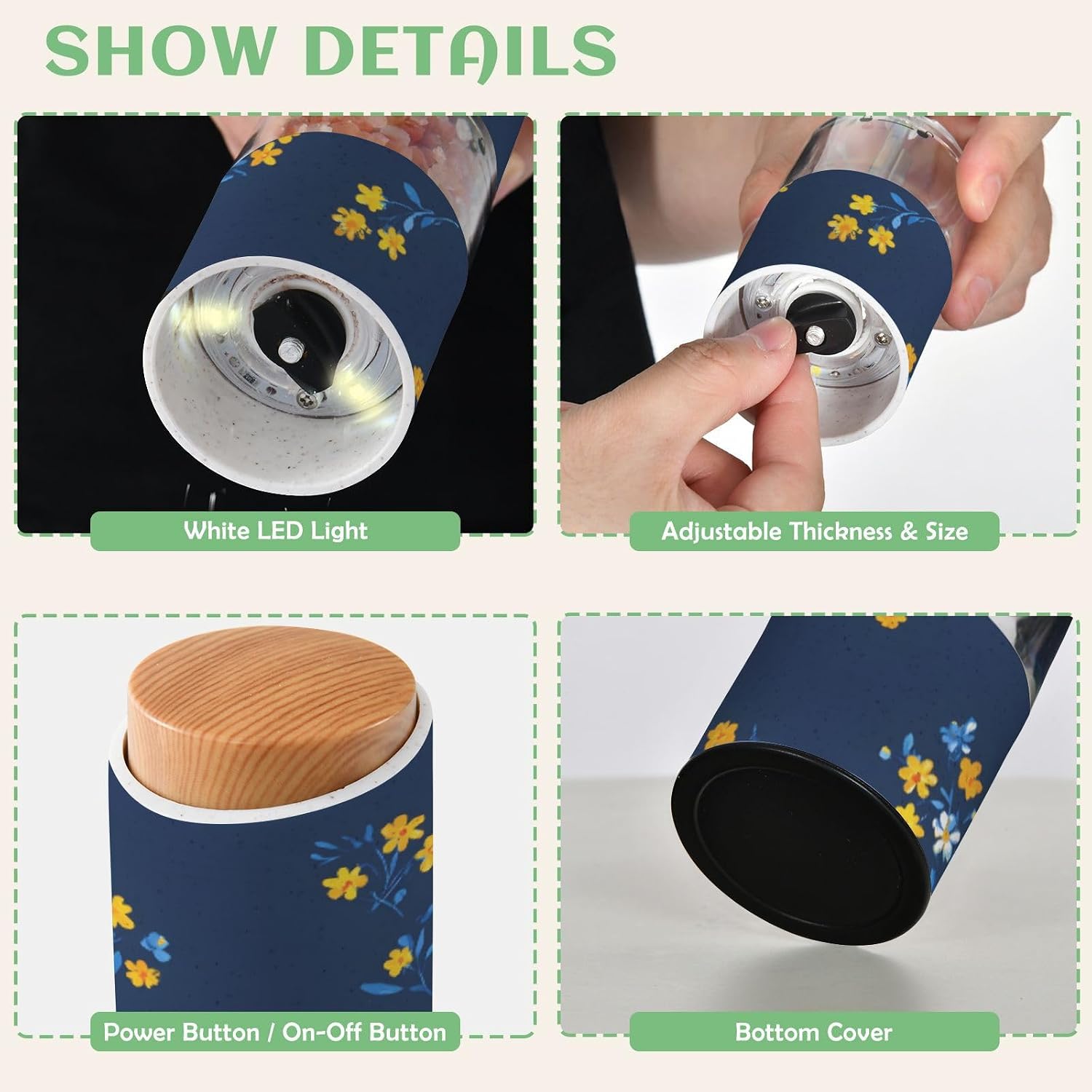 ALAZA Electric Pepper Grinder with Adjustable Coarseness, Yellow Flower Pattern Navy Blue Battery Automatic Salt and Pepper Mill with Led, One-Handed Operation Spice Grinder for Kitchen, Camping & BBQ