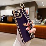 LLZ.COQUE Compatible avec iPhone 15 Cas avec une sangle pour les filles [2× Protecteurs d'écran], Mignon Love-Hearts Design, Wrisband Kickstand Luxury Plating Edge Protective Phone Case (6.1") - Violet foncé