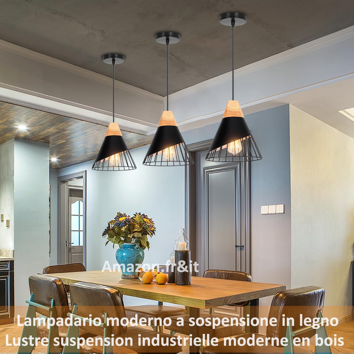 Suspension Luminaire Moderne Industrielle Bois Lustre Abat-jour Métal Vintage forme Cage Ø25cm Plafonnier E27 Design pour Cuisine Chambre Salon