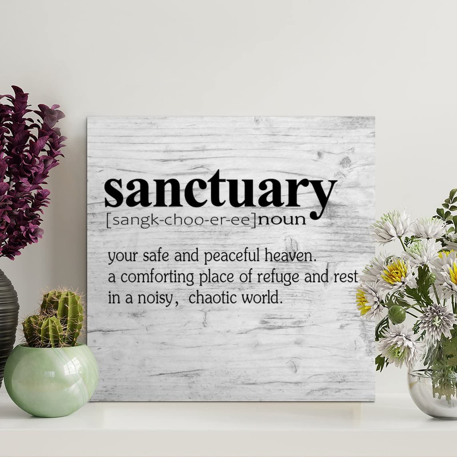 Wood Sign Sanctuary Definition Typography Wood Plaque Funny Sanctuary Quote Farmhouse Wall Art Rustic Wall Decorations for Living Room Kitchen Wall Hanging Wall Sign Home Decor Gift 12x12in