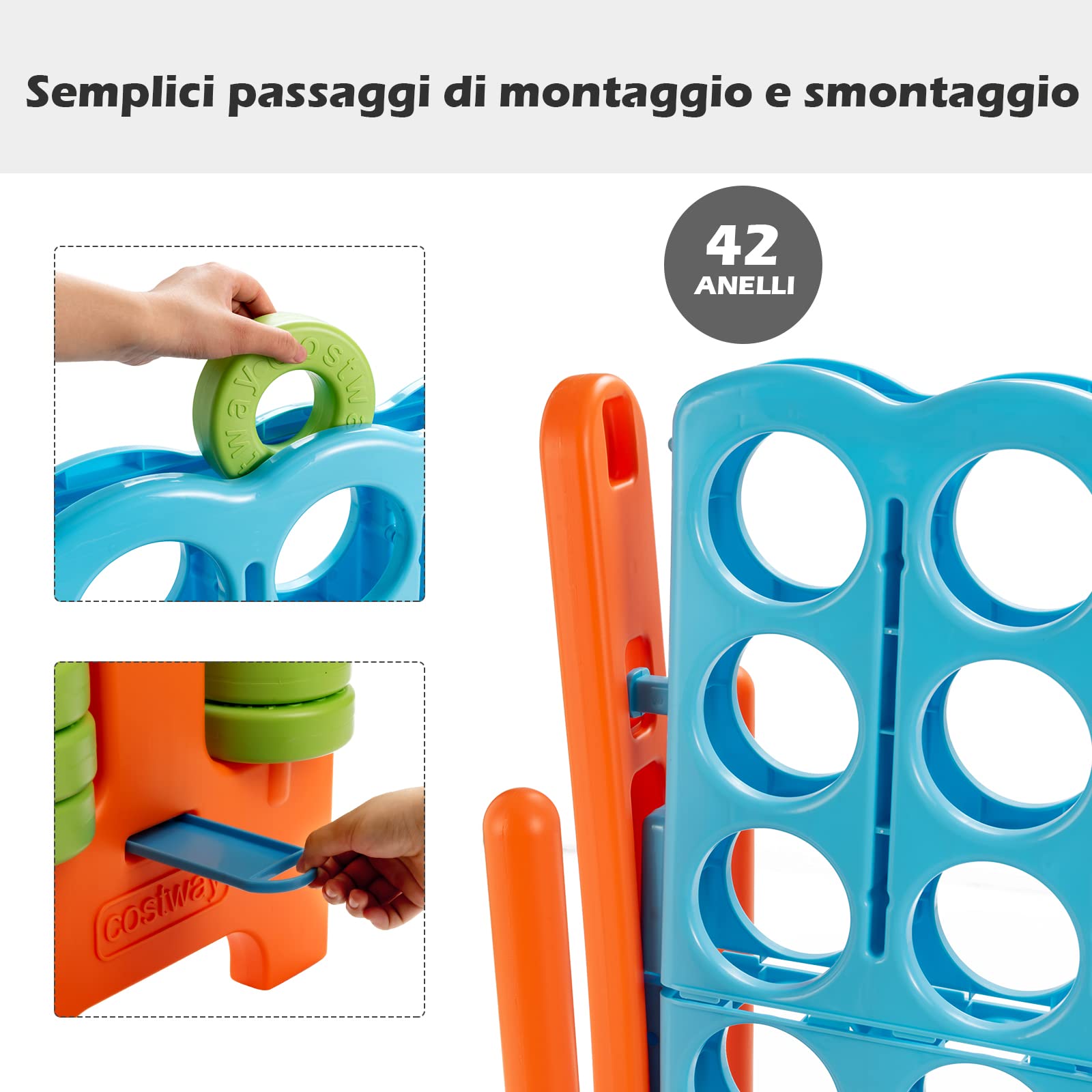 COSTWAY Forza 4 Gigante per Bambini e Adulti, da Interno ed Esterno | Set di Forza 4 in PE e PP con 42 Anelli per Feste e Vacanze, 120 x 42 x 104 cm, Azzurro+Arancione