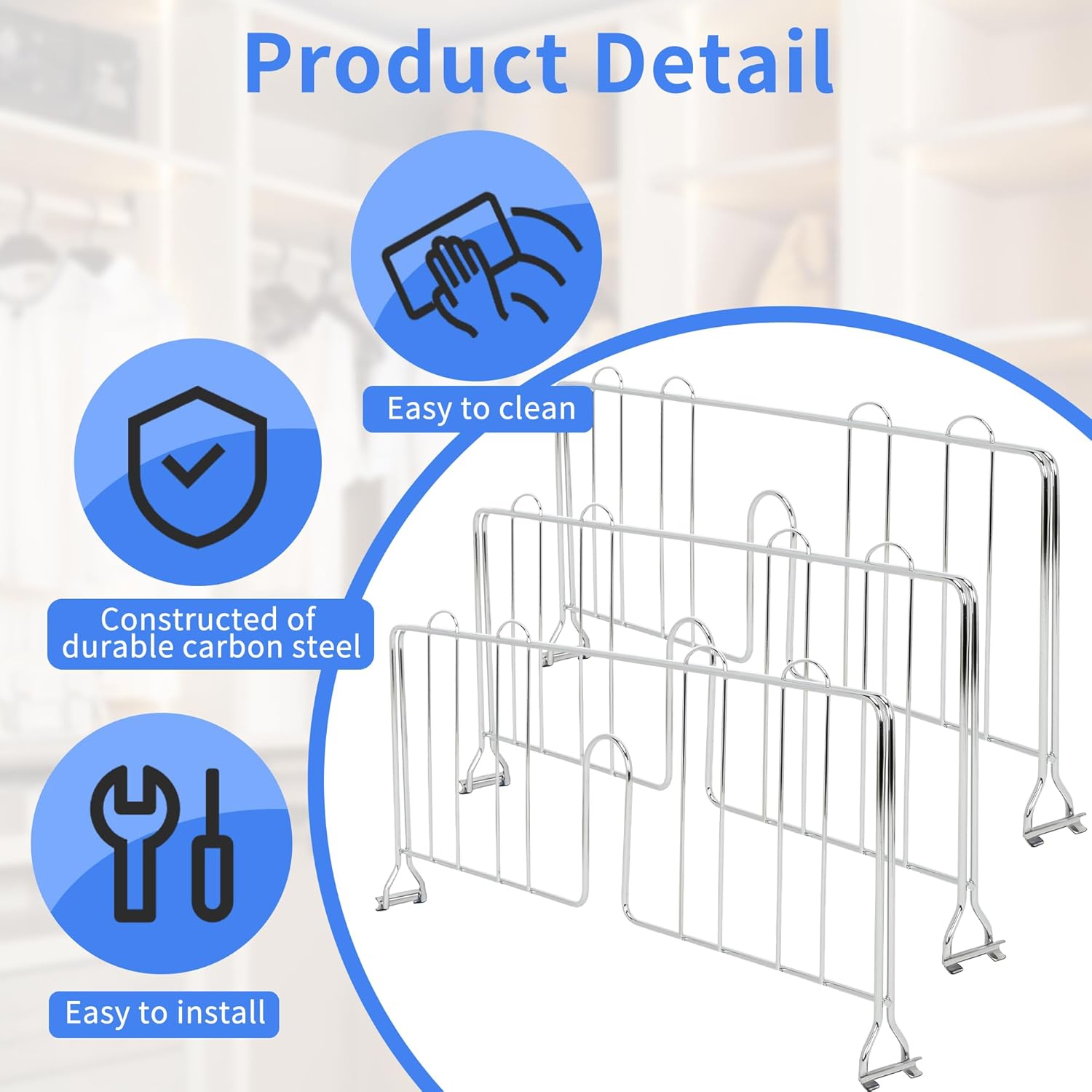6 Pack 18" W x 8" H Wire Shelf Dividers for Wire Shelves, No Tool Chrome Plated Steel Closet Shelf Divider for Shelving Organization in Kitchen Pantry Bathroom Office and Closet Storage
