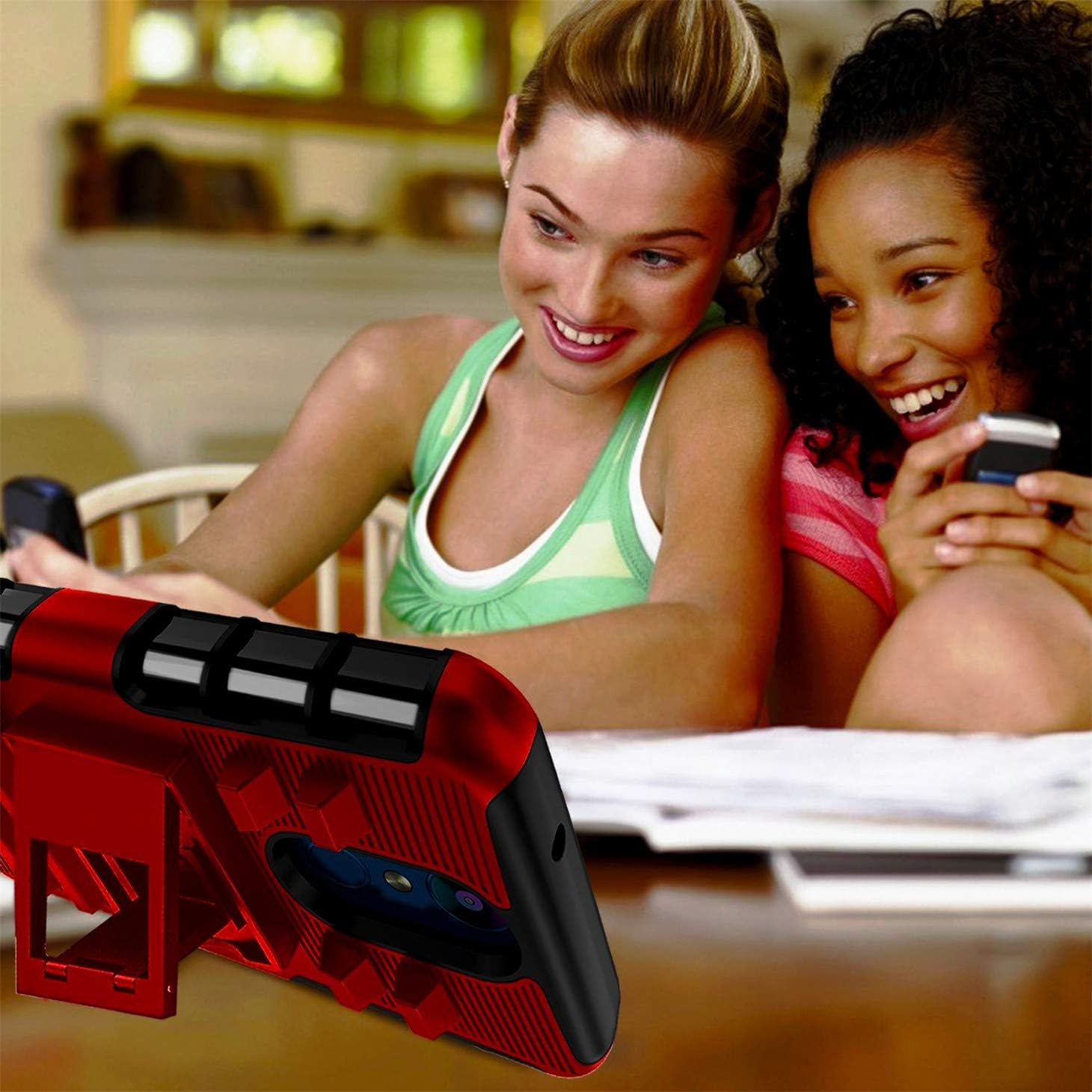 LG Aristo 2 Case/LG Rebel 4/Aristo 2 Plus/Phoenix 4/Aristo 3/Tribute Empire/Zone 4/K8(2018)/K8+/Fortune 2/Risio 3/Tribute Dynasty W Tempered Glass Screen Protector Built-in Kickstand Belt Clip, PC-Red