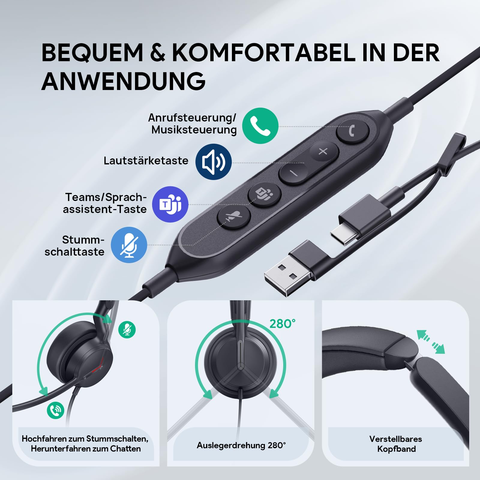 Yealink UH44 Cuffie con microfono, auricolari stereo USB con cancellazione del rumore, cuffie cablate per PC, call center, ufficio con indicatore di stato, USB-C/A, certificate Teams.