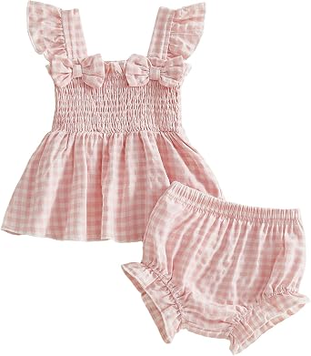 Baby Girl Cute Bowknot Plaid Vest Tank Top Elastic Waist Bottom Shorts Infant Newborn Summer Outfits