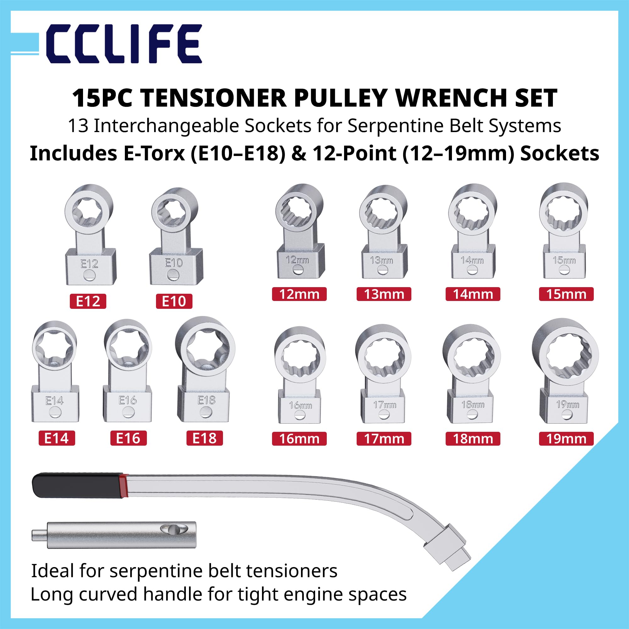 CCLIFE Zestaw 15 rolek napinających, 15-częściowy, pasek klinowy, pasek wielorowkowy, zestaw kluczy E Torx E10 E18 12-kątny klucz nasadowy 12 19 mm
