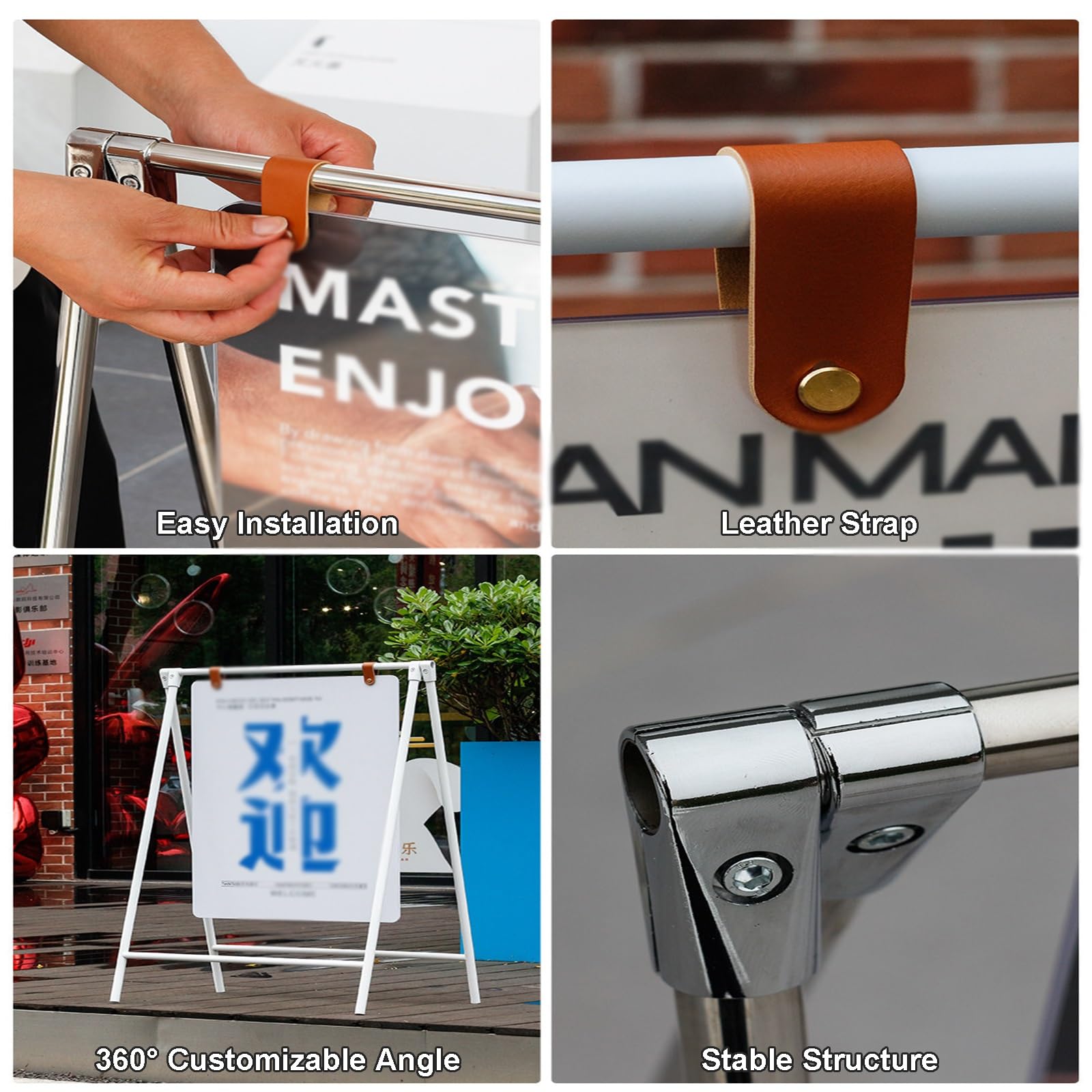 Soporte plegable para carteles, para uso en interiores y exteriores, acero inoxidable y acrílico, para publicidad de negocios y ferias comerciales