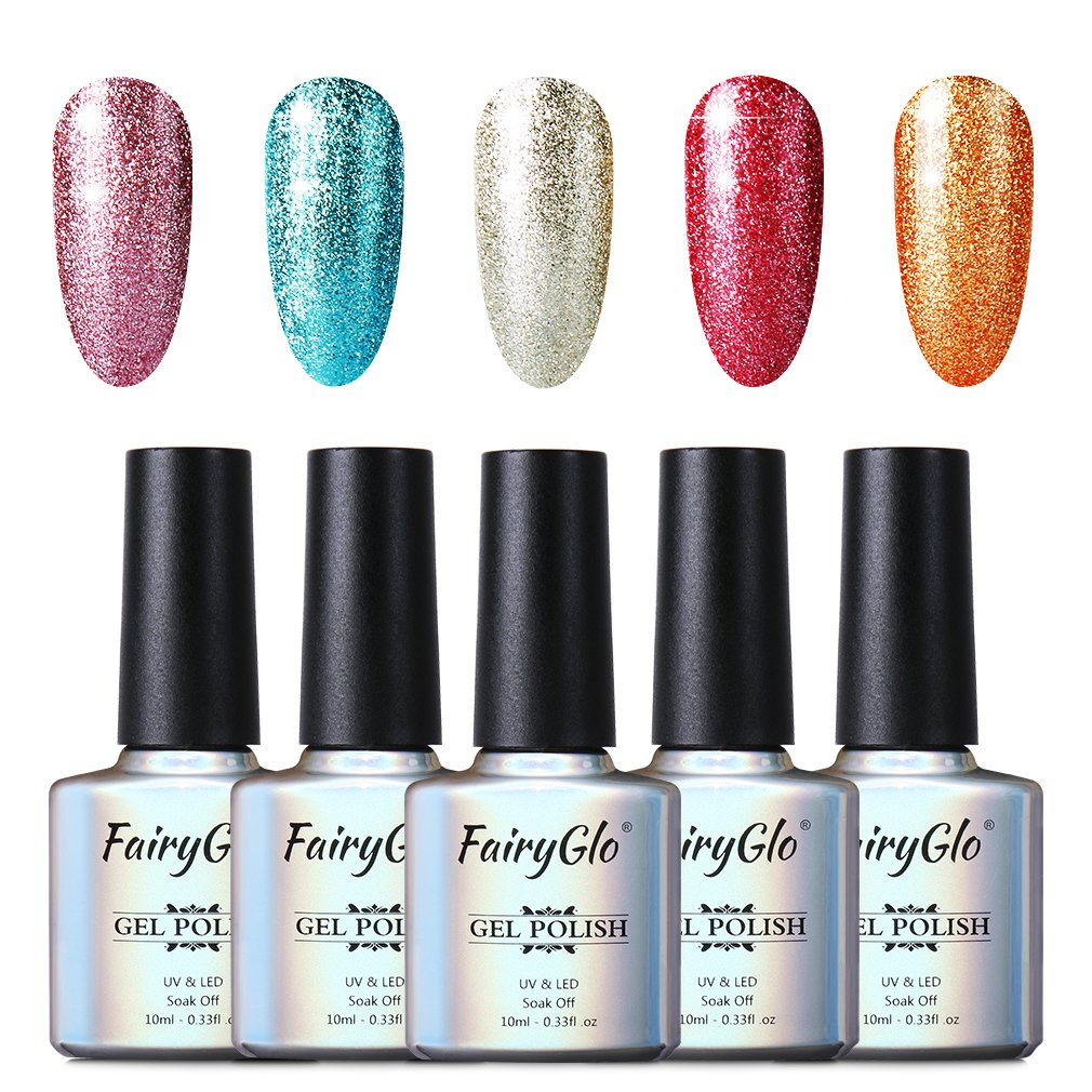 FairyGlo 5 Colours Gel Nail Polish UV LED Soak Off Platinum Varnish Bling Lacquer Nail Art Gift Set Manicure Collection New 10ml C58019