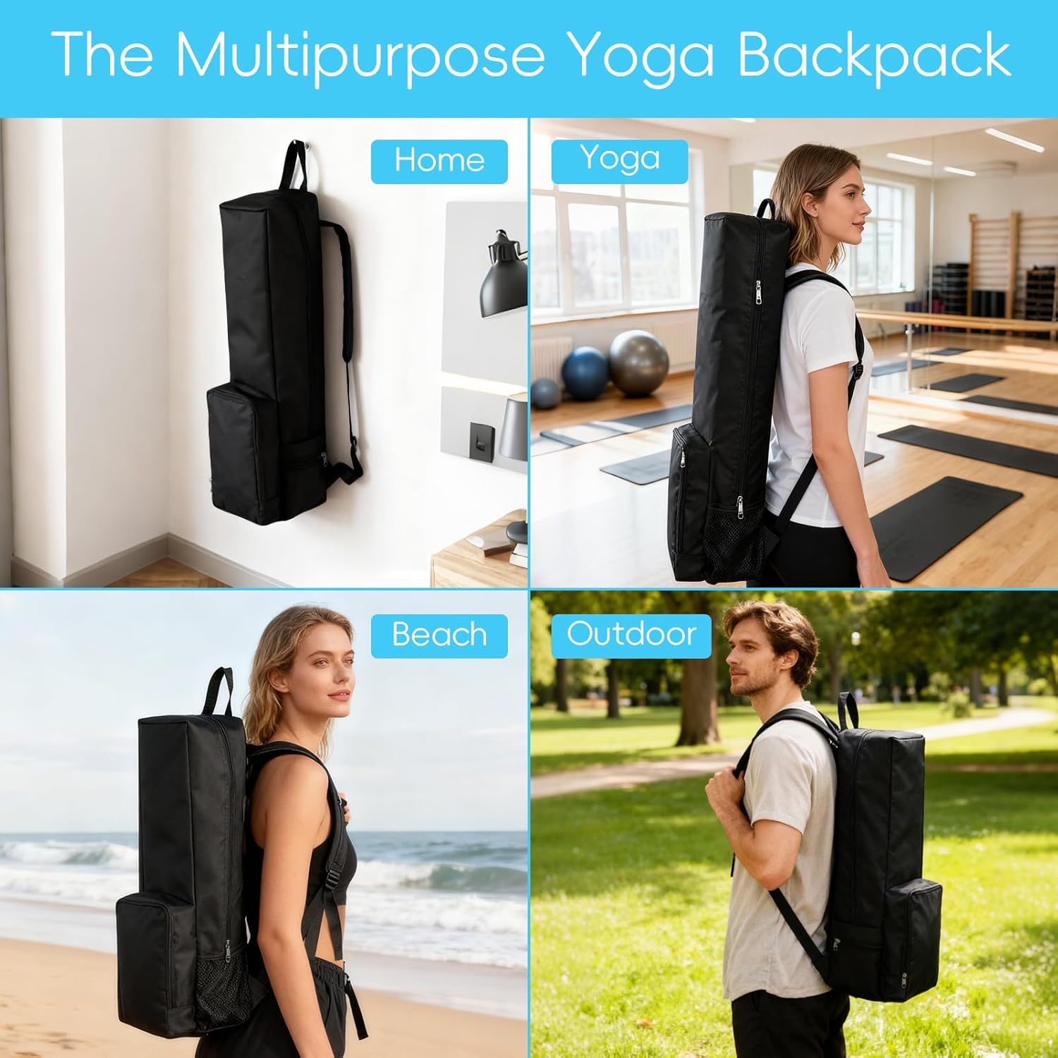 Yoga Mat Bag -Yoga Mat Bag Carrier with Pockets and Adjustable Strap, Lightweight Waterproof Yoga Mat Backpack for Women and Men, Fits Yoga Mats and Yoga Accessories for Workouts(Black) - Image 6